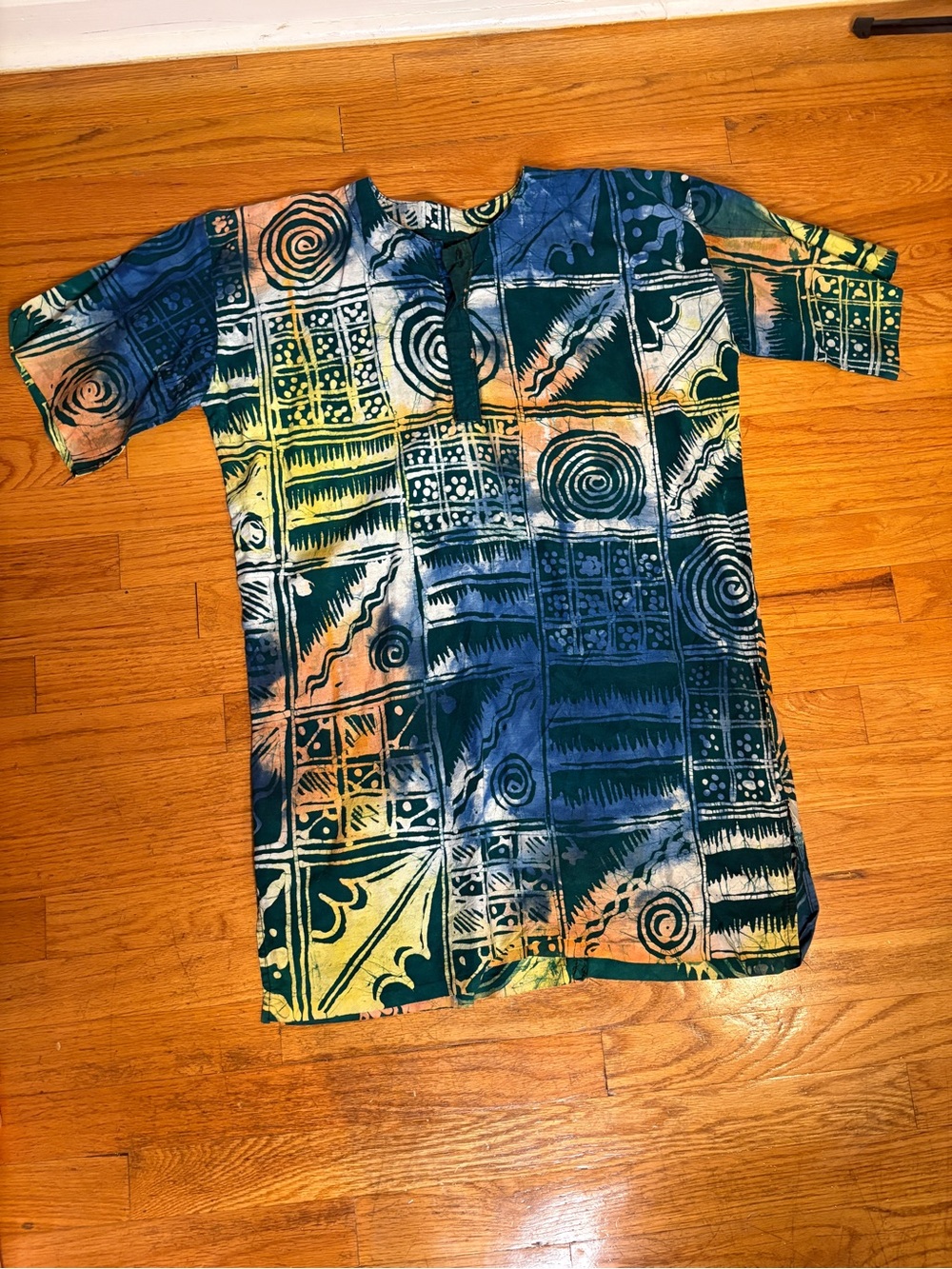 Men's Short-Sleeve Printed Tunic Shirt in Blue-Green Zimbabwe